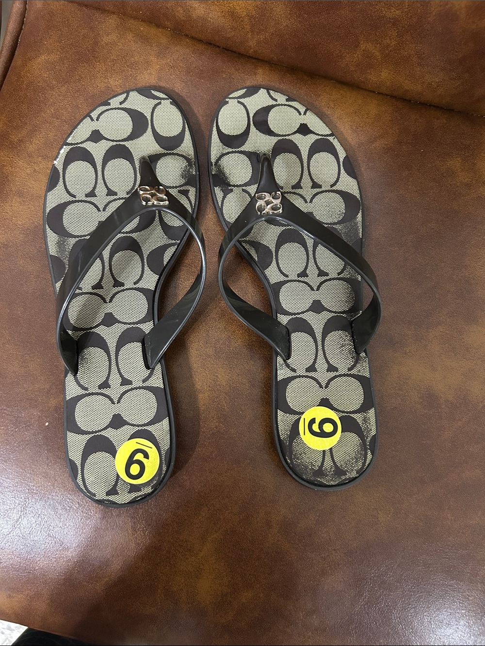 Coach Signature Canvas Flip Flop Sandals in Black and Beige - Picture 2 of 5